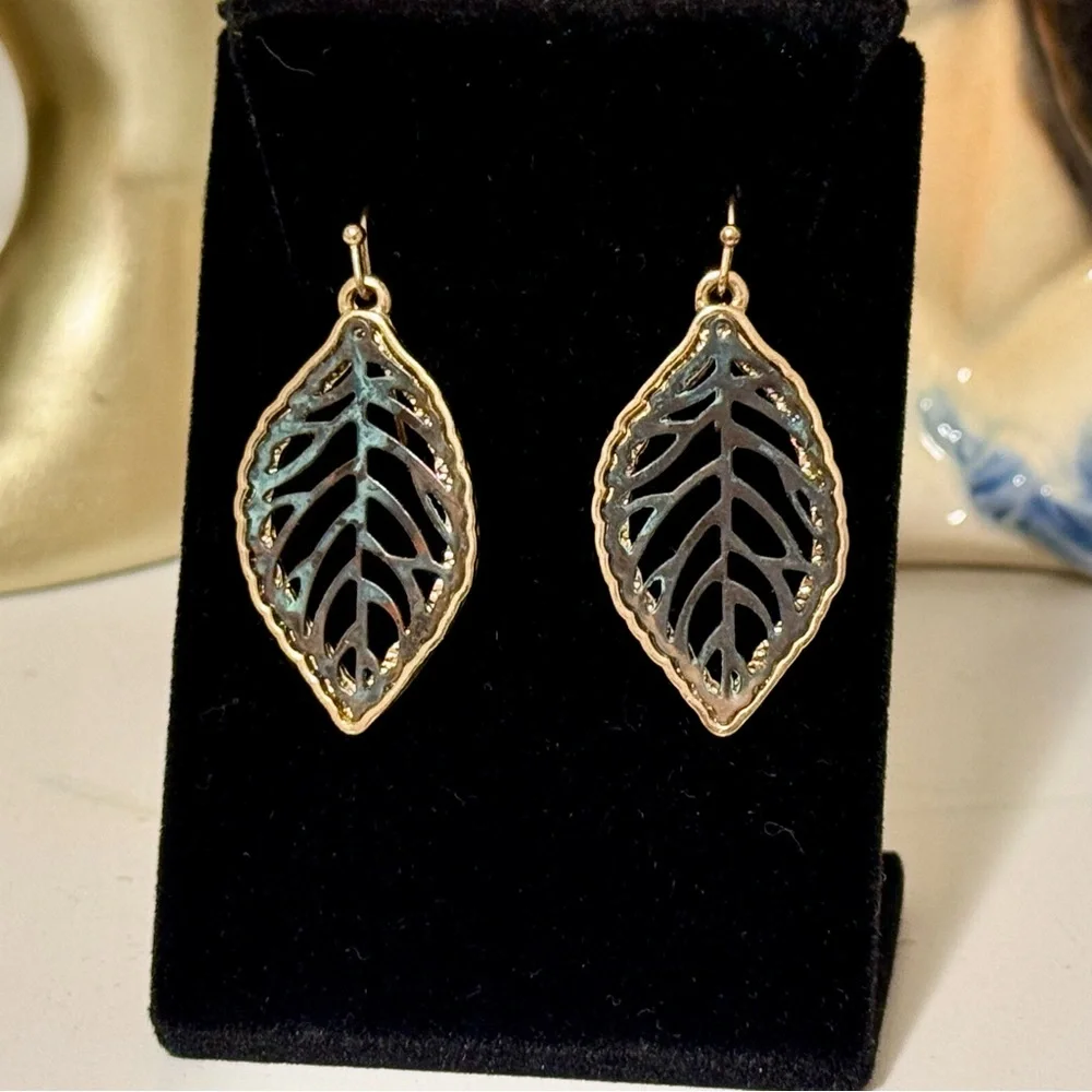 Leaf Skeleton Gold, Brown and Green Patina Drop Dangle Earrings